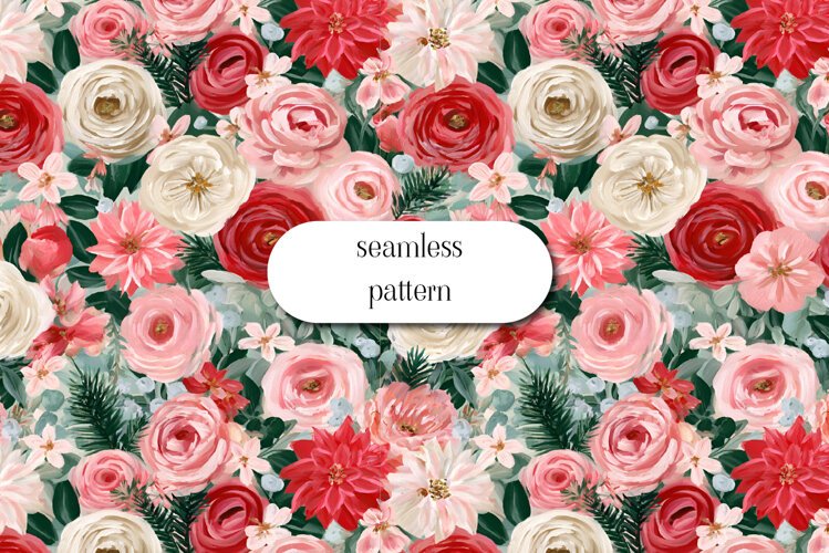 Romantic Christmas Roses and Poinsettias Seamless Pattern example image 1