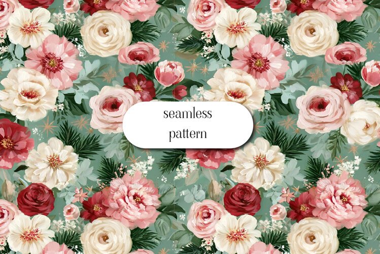 Romantic Winter Floral Seamless Pattern on Sage Green example image 1