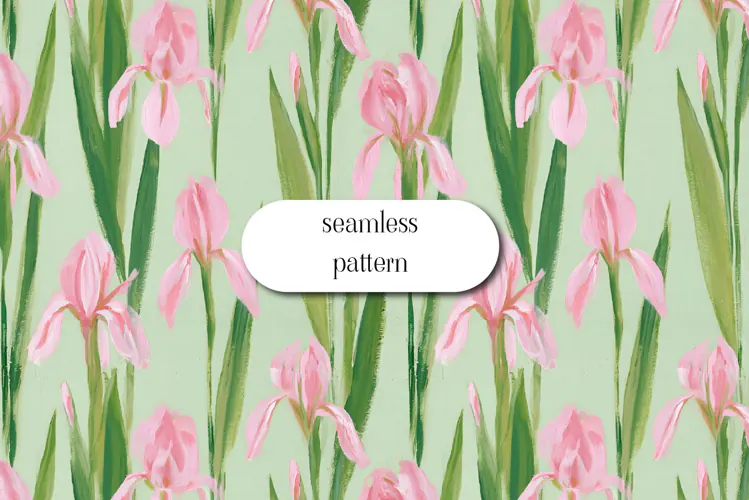 Pink Iris Pattern on Soft Green Background