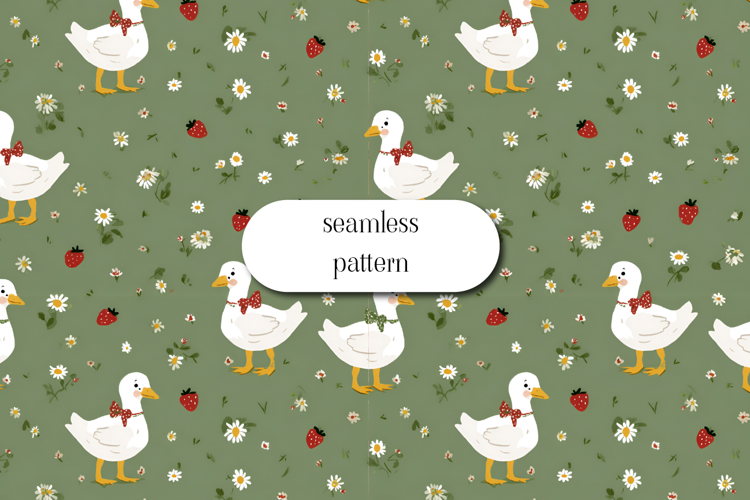 Cute Duck Strawberry Seamless Pattern Floral Meadow Art