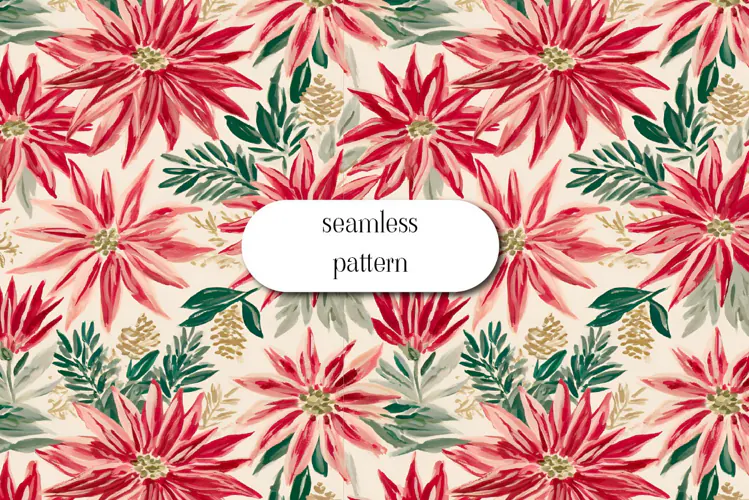 Red Poinsettia Christmas Floral Seamless Pattern