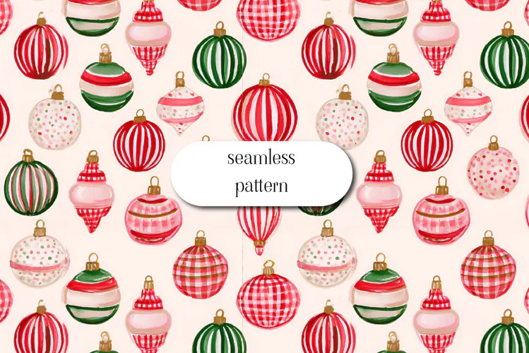 Vintage Christmas Baubles Seamless Pattern on Ivory