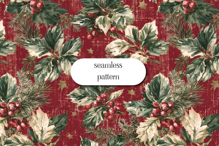 Vintage Christmas Holly and Berries Seamless Pattern example image 1