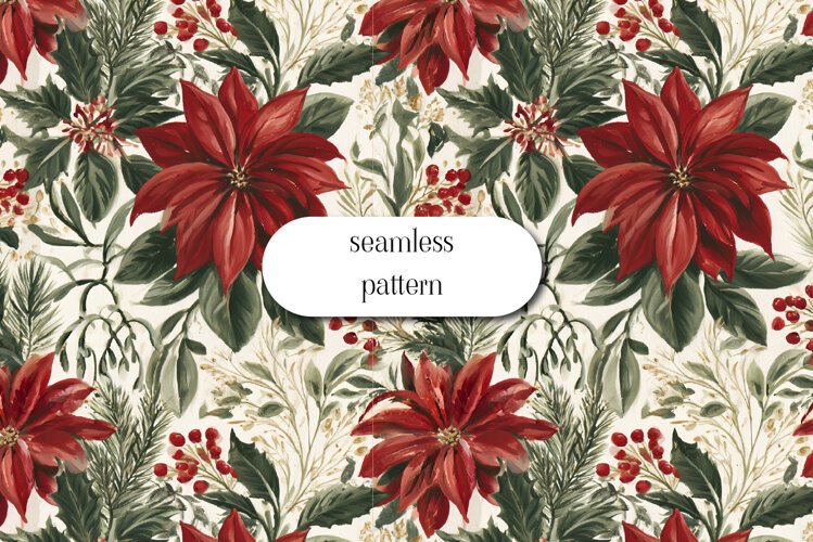 Vintage Red Poinsettia Christmas Floral Seamless Pattern example image 1