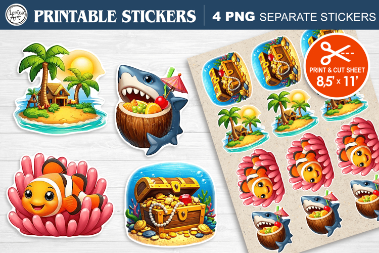 Cute Ocean. Print & Cut Stickers PNG
