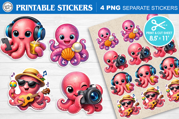 Cute Octopus. Print & Cut Stickers PNG