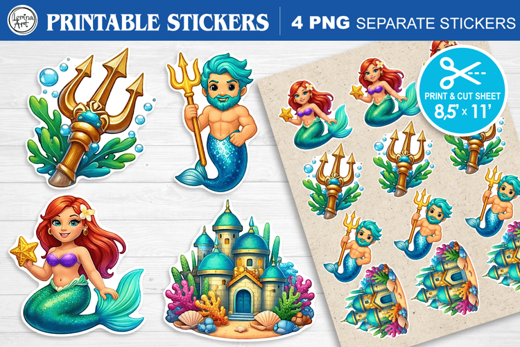 Cute Mermaid. Print & Cut Stickers PNG
