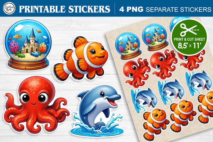 Cute Ocean. Print & Cut Stickers PNG