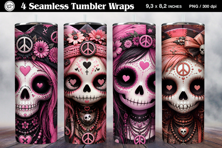 4 Cute Gothic Joker Tumbler Wrap Sublimations, 20 oz
