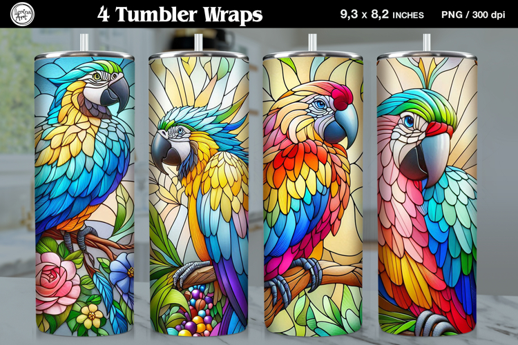 4 Stained Glass Parrot Sublimation, 20 oz Tumbler Wrap