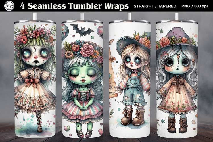 4 Zombie Doll Tumbler Wrap Sublimations, 20 oz