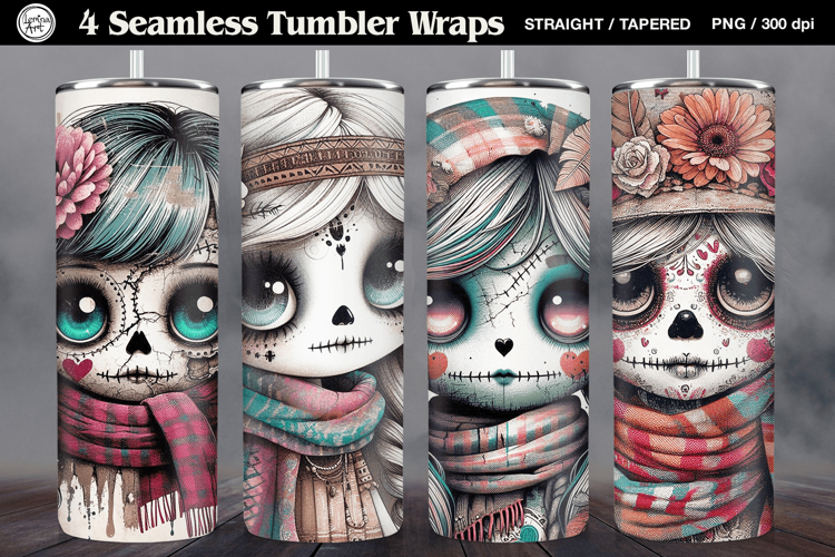 4 Zombie Doll Tumbler Wrap Sublimations, 20 oz