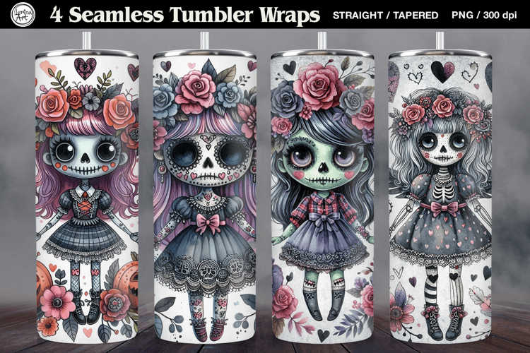 4 Zombie Doll Tumbler Wrap Sublimations, 20 oz