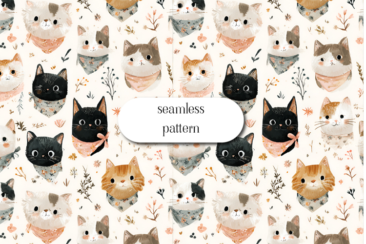 Cute Cat Seamless Pattern Kawaii Kitten Floral Design