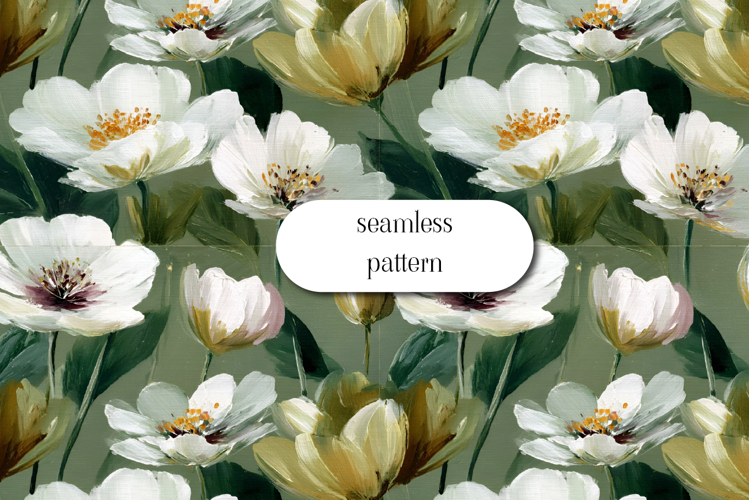 White Floral Seamless Pattern, Botanical Digital Paper