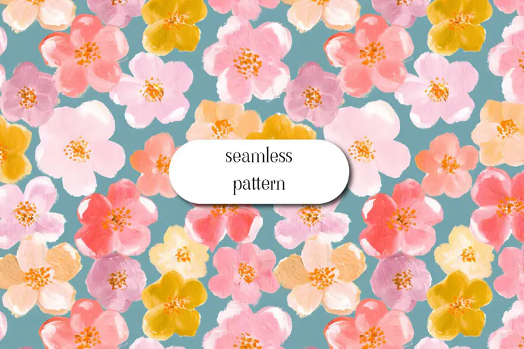 Colorful Blossom Pattern on Teal Blue