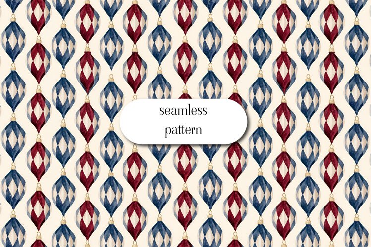 Vintage Harlequin Christmas Ornaments Seamless Pattern example image 1