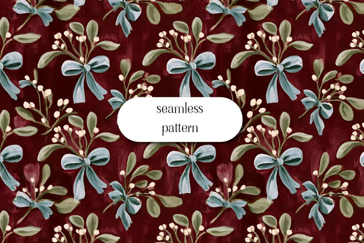 Christmas Mistletoe and Blue Bows Seamless Pattern