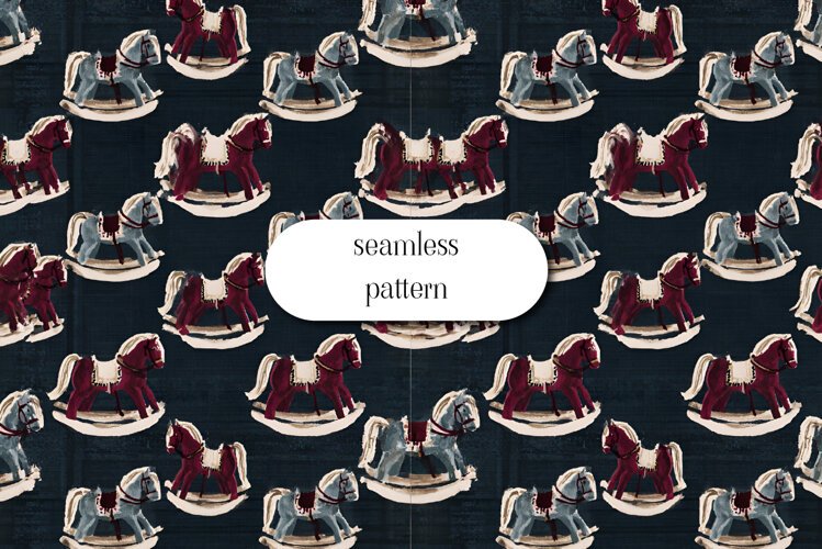 Vintage Christmas Rocking Horses Seamless Pattern example image 1