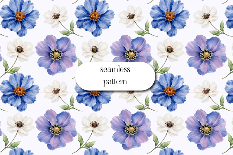Blue Floral Seamless Pattern Watercolor Blossom Design