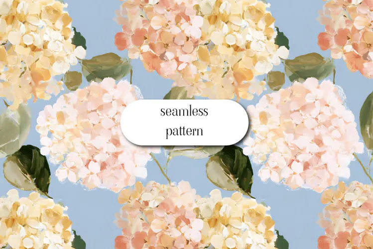 Pastel Hydrangea Pattern on Blue Background