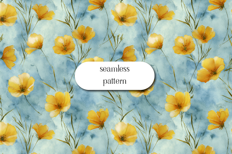Yellow Floral Seamless Pattern Blue Watercolor Background