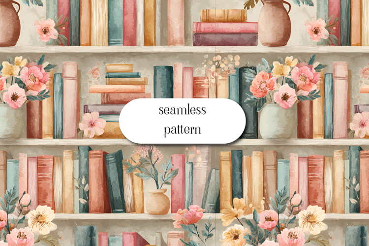 Cozy Bookshelf Seamless Pattern with Plants and Books