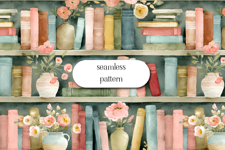 Cozy Bookshelf Seamless Pattern with Plants and Books