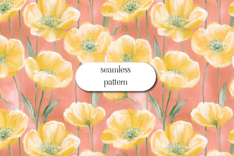Yellow Poppy Pattern on Coral Pink Background example image 1