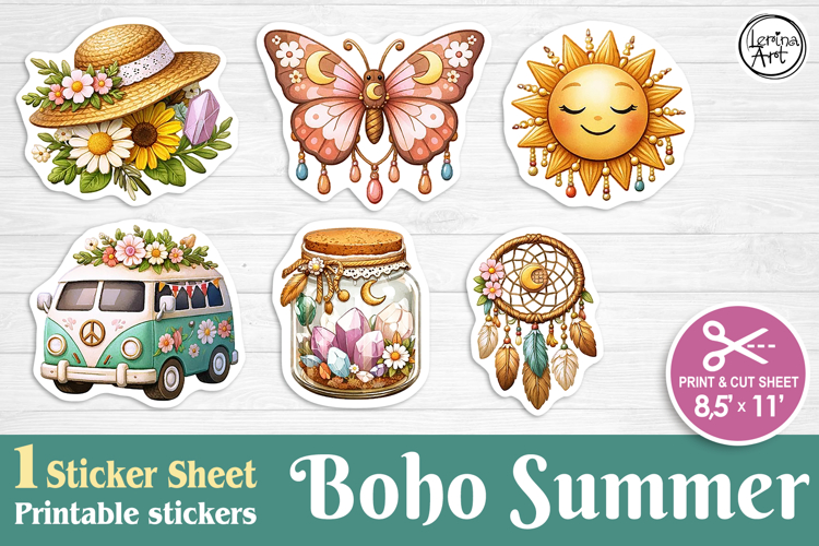 Summer. Boho. Print & Cut Stickers PNG