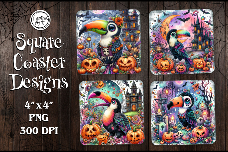 Whimsical Halloween Coaster Design, 4 PNG