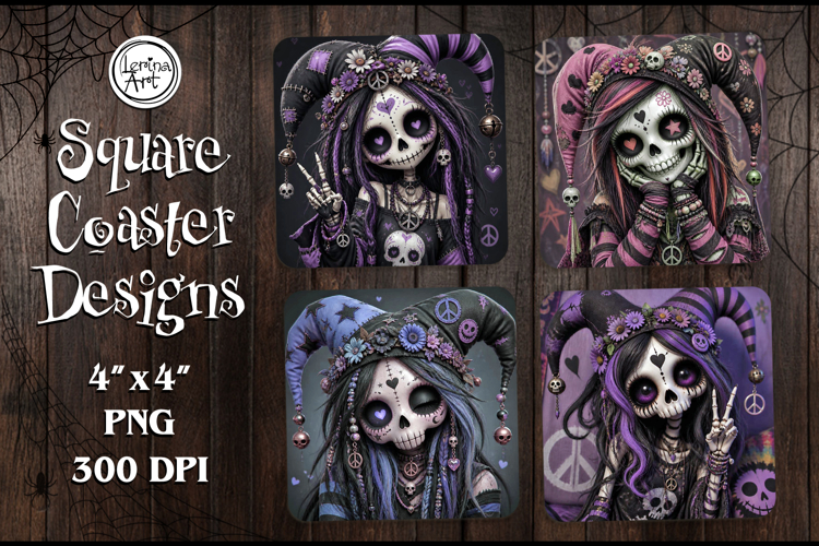 Whimsical Zombie Doll Halloween Coaster Design, 4 PNG