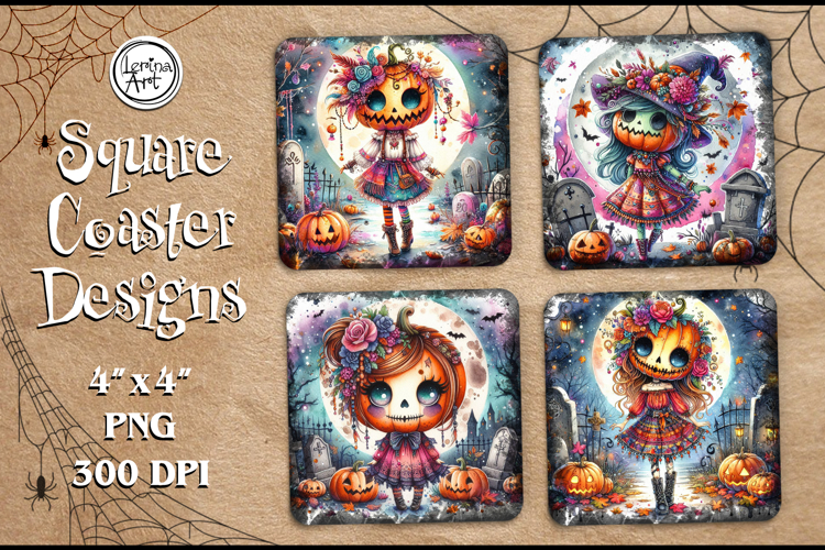 Whimsical Zombie Doll Halloween Coaster Design, 4 PNG