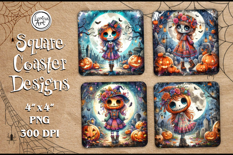 Wimsical Zombie Doll Halloween Coaster Design, 4 PNG