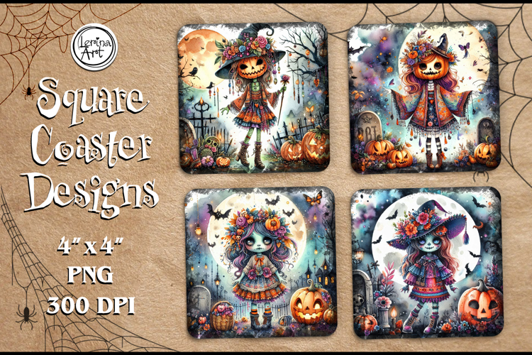 Whimsical Zombie Doll Halloween Coaster Design, 4 PNG