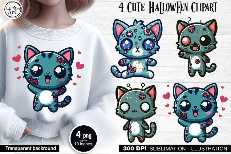 Cute Halloween Zombie Kitty. Sublimation design PNG
