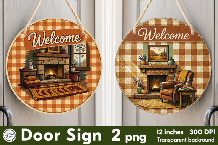 Cozy Autumn. Welcome Round Door Sign. PNG
