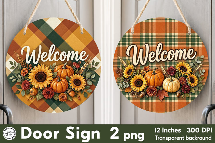 Cozy Autumn. Welcome Round Door Sign. PNG