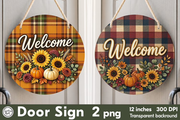 Cozy Autumn. Welcome Round Door Sign. PNG