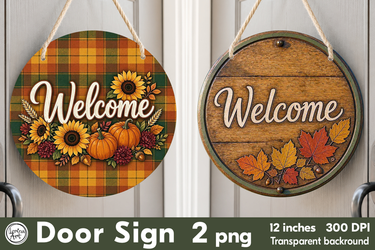 Cozy Autumn. Welcome Round Door Sign. PNG