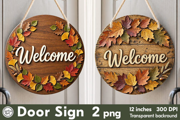 Cozy Autumn. Welcome Round Door Sign. PNG