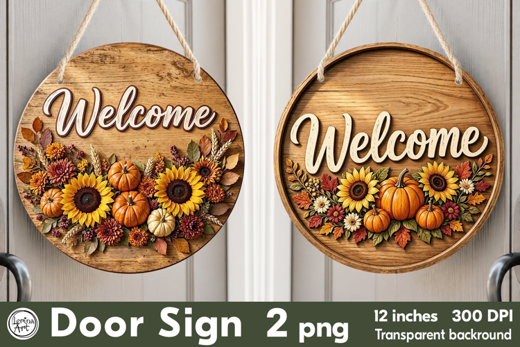 Cozy Autumn. Welcome Round Door Sign. PNG
