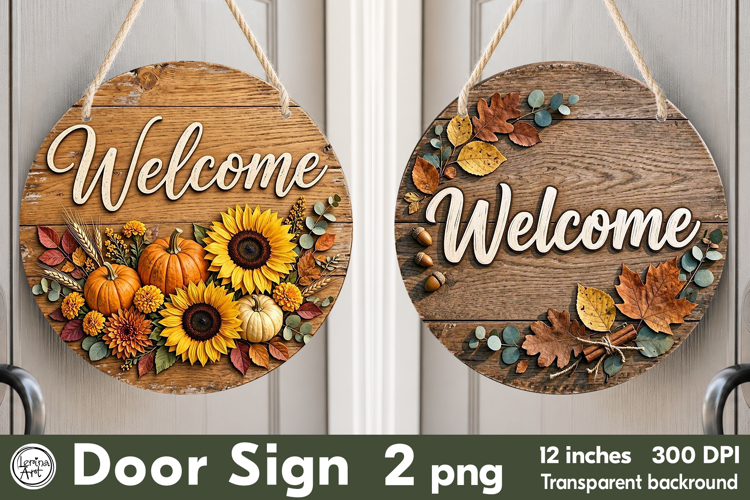Cozy Autumn. Welcome Round Door Sign. PNG
