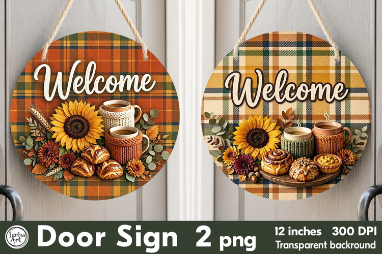 Cozy Autumn. Welcome Round Door Sign. PNG