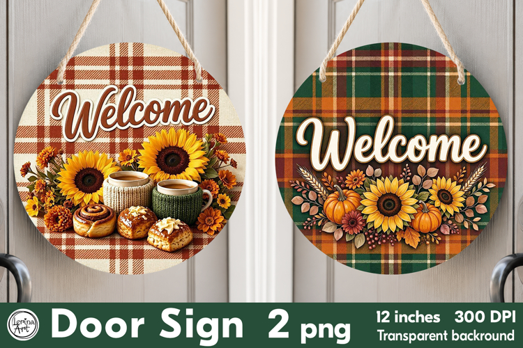 Cozy Autumn. Welcome Round Door Sign. PNG