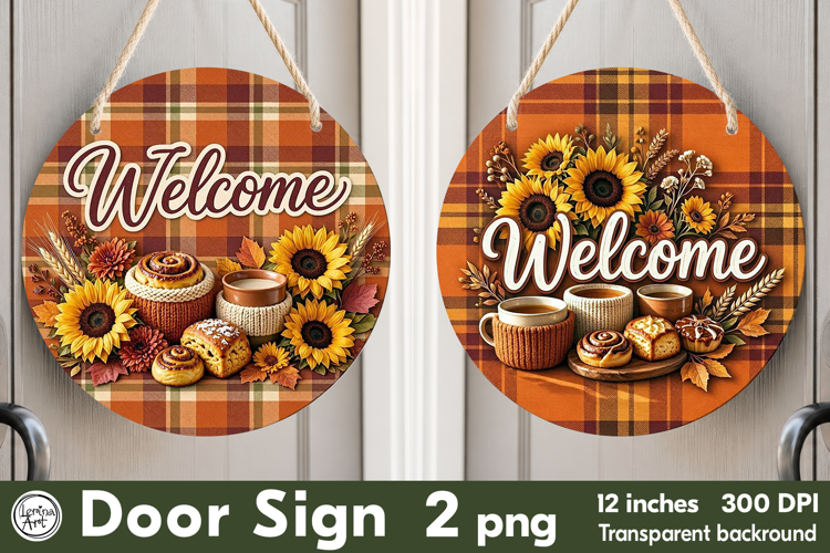 Cozy Autumn. Welcome Round Door Sign. PNG