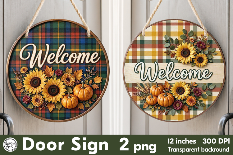 Cozy Autumn. Welcome Round Door Sign. PNG