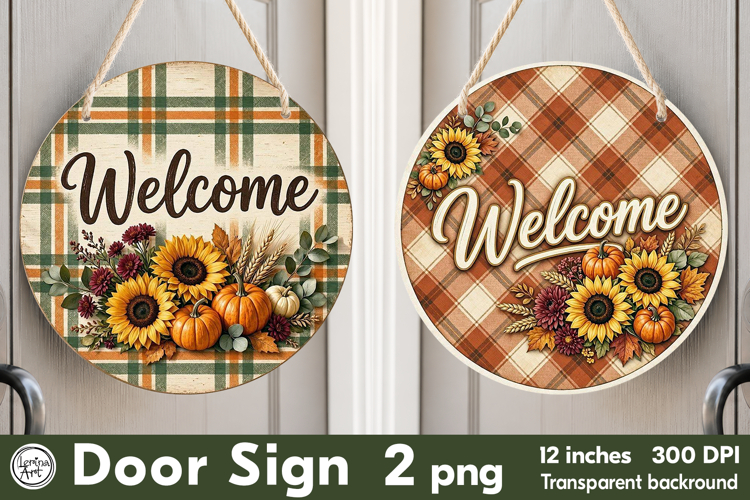Cozy Autumn. Welcome Round Door Sign. PNG