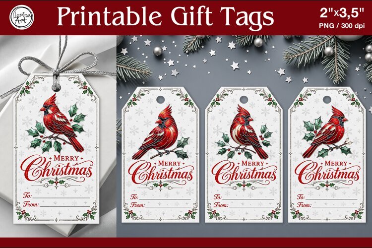 Stained Glass Christmas Red Cardinal Gift Tags | PNG Sublim example image 1