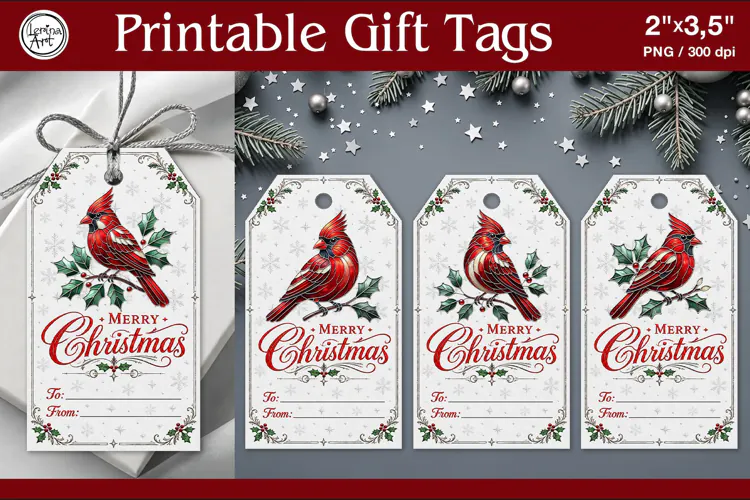 Stained Glass Christmas Red Cardinal Gift Tags | PNG Sublim